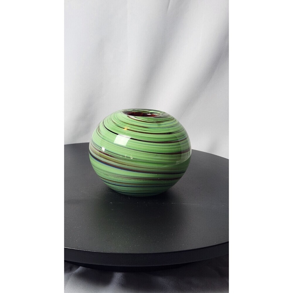 VINTAGE GLASS VASE GREEN, AVENTURINE GOLD SWIRLS With RED LINING By Dept. 56